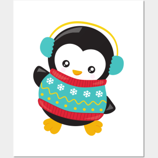 Christmas Penguin, Penguin With Sweater, Ear Muffs Posters and Art